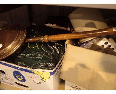 Quantity of mixed items including lamp bed warming pan ceramics pictures linen holdall etc 