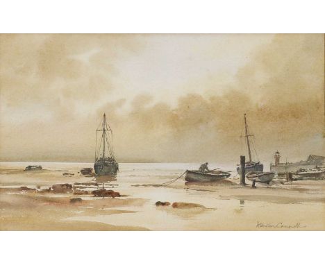 Ashton Cannell RSMA (1927-1994)Sunset, with boats at low tideSigned, watercolour, 23cm by 35.5cmOverall good condition. Sligh