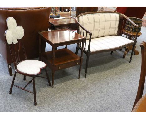 Mahogany Framed Upholstered Lady's Parlour Sofa, a reproduction mahogany lamp table and an upholstered sewing chair (3)