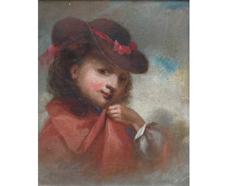 British School (19th century)Portrait of a young lady, head and shoulders, wearing a red cloak and a brown hat trimmed with r