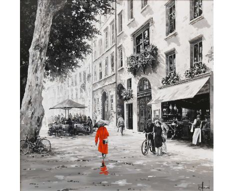 R T* (Contemporary)The red coatIndistinctly signed, oil on canvas, 73.5cm by 73.5cm