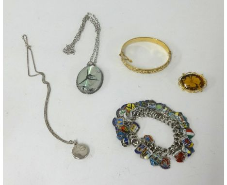 A bracelet set with enamelled silver badges stamped sterling 800 also a 9ct and metal core bangle and a brooch.