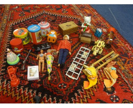 A collection of dolls house furniture, vintage block puzzle game, toys, Slim Whitman signed record, other autographs incl Les