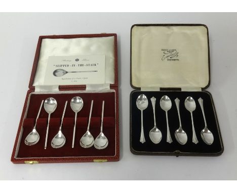 A set of six silver sterling teaspoons reproduction of Charles I 'slipped in the stork' pattern, cased together with a set of