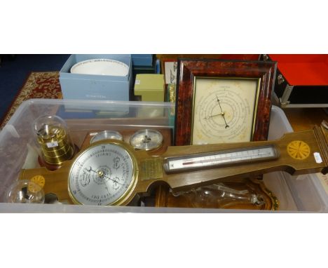 A reproduction mahogany cased barometer by Shortland of Manchester together with various other gauges and instruments.