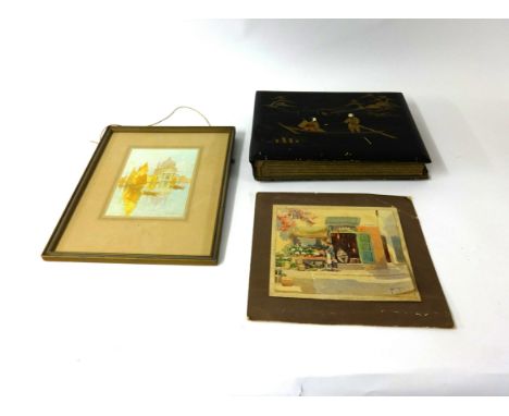 A collection of foreign postcards, some photographic including African in oriental lacquered album also a small watercolour, 