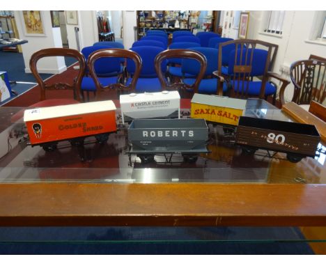 Meccano Ltd Hornby and Hornby style tinplate, five 0 gauge private owner wagons including 1950's/1960's Hornby 'Saxa Salt' wa