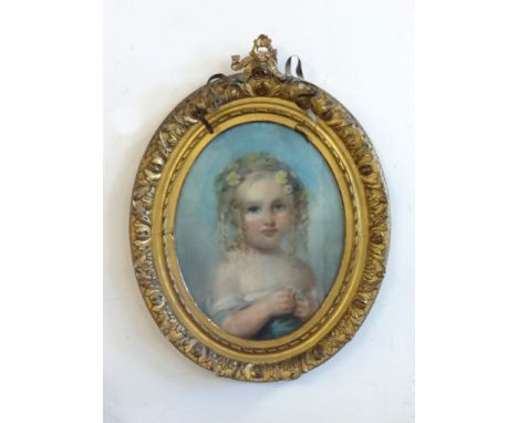 A 19th Century pastel portrait of a child, not signed, in oval gilt frame, overall size 66cm x 59cm.