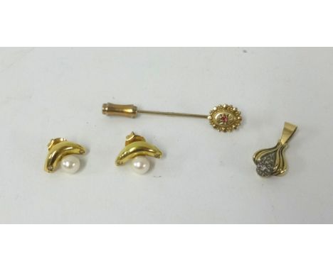 A pair of 18ct and pearl mounted earrings, a 9ct pendant and a 9ct ruby set tie pin (4).