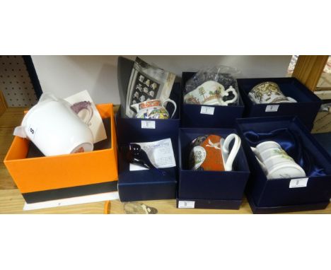 Worcester 250th Anniversary porcelain jugs and cream boats, Bristol blue glass bird, other modern porcelain including Worcest