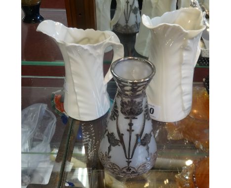 Two 20th century Worcester white porcelain jugs, a glass and silver overlay vase, height 13cm, sundry postcards, some flatwar