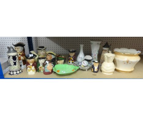 Various Tony Wood and other toby jugs, Devonware jardinière, other ornaments, patch boxes etc.