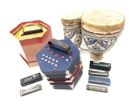 German BM Concertina no. 2119 with 20 keys, a similar Concertina, unboxed, Lee Oskar Harmonica, M. Hohner 'Echo' harmonica, o