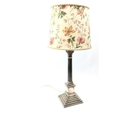 Silver-plated Corinthian column table lamp on square stepped base, H43cm excluding fitting Condition Report Click here for fu
