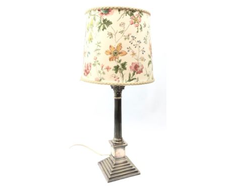 Silver-plated Corinthian column table lamp on square stepped base, H43cm excluding fitting Condition Report Click here for fu