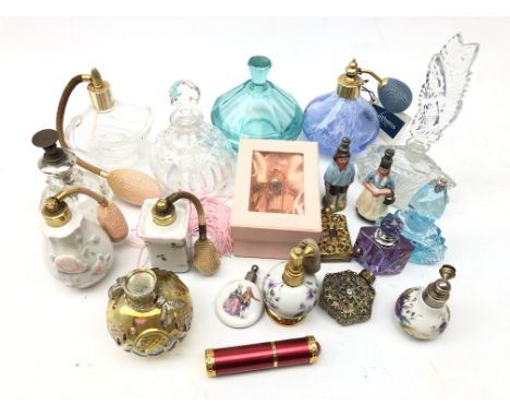 Collection of early 20th century and later scent bottles and atomizers incl. a gilt metal cage work scent bottle, Caithness a