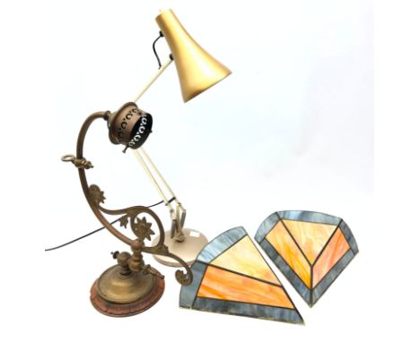 Pair Art Deco style leaded glass wall lights of tapered form, vintage Anglepoise lamp and a cast brass wall light of scroll f