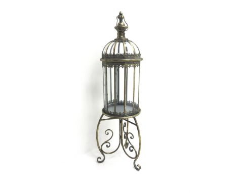 Bronzed finish circular lantern with carrying handle on stand, D34cm, H115cm