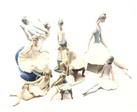 Lladro model of a seated Ballet dancer, another seated on a chair and six Nao Ballet dancers, H36cm max (8) Condition Report 