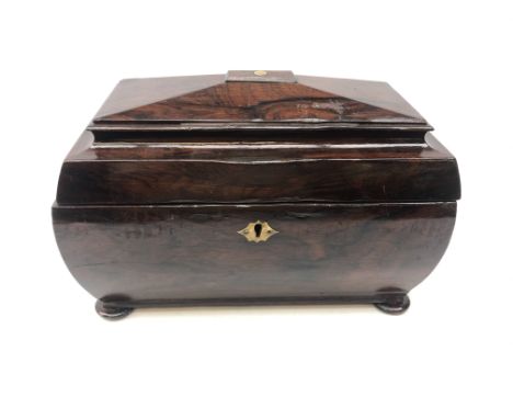 19th century mahogany tea caddy of sarcophagus form on bun feet, L30cm 