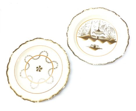 Two Yorkshire Pearlware plates attributed to Don pottery, centrally painted in brown with a pagoda and fence within an ochre 