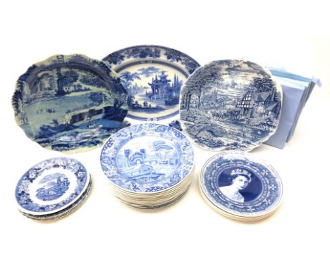 Nine Spode Blue Room Collection plates, Victorian Doulton Burslem Madras pattern oval platter and other blue and white plates