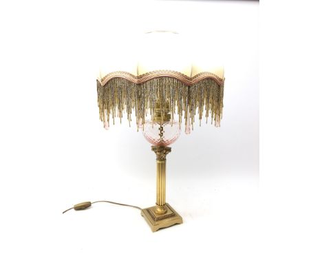 Modern Corinthian Column oil lamp style table lamp, the silk shade having beaded fringing, H67cm overall Condition Report Cli