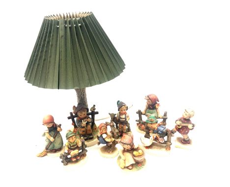 Eight Goebel Hummel figures incl. Little Sweeper and table lamp H35cm overall  Condition Report Click here for further images