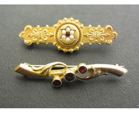 Two brooches - To include a seed pearl and and garnet cluster with reverse panel - together with a garnet three-stone - With 