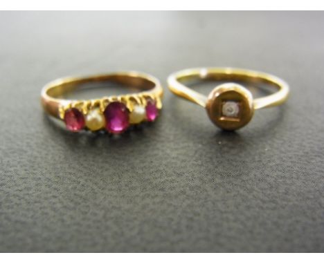 A ruby and seed pearl ring - Tests as gold - Ring size N 1/2 - Weight approx 1.7gms - Together with and old-cut diamond panel