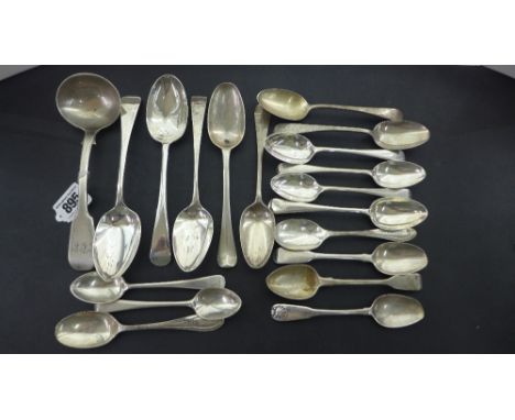 A quantity of Georgian and later silver dessert and teaspoons and a George W Adams sauce ladle - Total approx. weight 19 troy