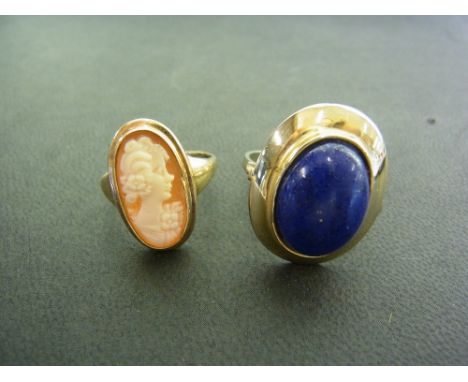 A 9ct gold cameo ring - Hallmarked Birmingham - Ring size M - Weight approx 3.2gms - Together with a lapis lazuli single-ston