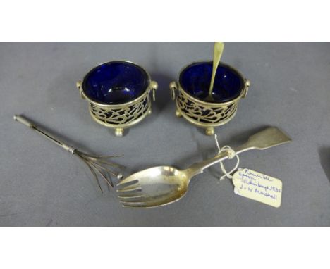 A pair of silver salts, a silver pickle fork and a silver twissle stick and a silver salt spoon - Total silver weight approx.