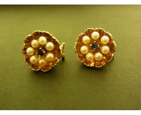 A pair of sapphire and cultured pearl floral cluster earrings - Stamped 9ct - Weight approx 10.4gms
Condition Report: Good to