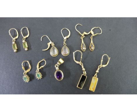 Five pairs of gem-set ear pendants - To include emerald, sapphire, diamond and seed pearl - With marks indicating 9ct gold - 