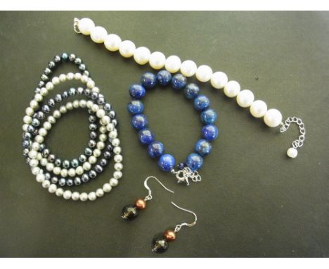 Six assorted bracelets - To include freshwater cultured pearl and lapis lazuli - Fittings stamped 925 - Together with a pair 