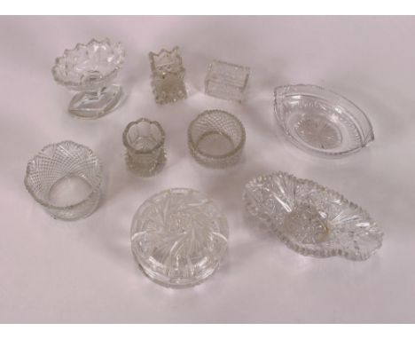 A cut glass powder bowl and cover; a cut glass pedestal salt; various small glass dishes etc., (9)