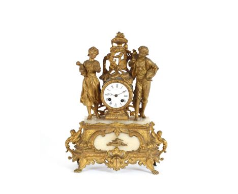 A 19th Century gilded Spelter and alabaster French mantel clock, surmounted by figures of a boy and girl carrying a doll and 