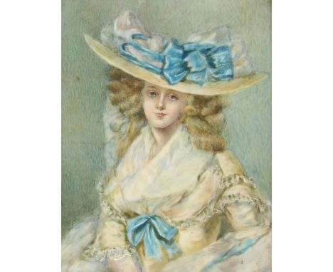 19th Century school, portrait study of a seated lady with broad rimmed hat and ribbons, in Sterling frame, inscribed "The You