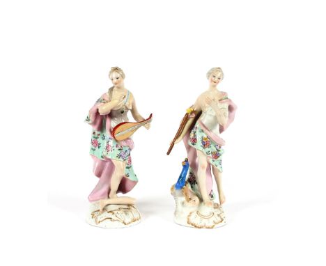 A pair of Meissen figurines, one depicting a young maiden playing a lute, AF, and the other depicting a maiden with dove staf