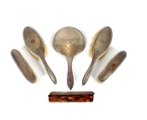 A 6 piece silver engine turned decorated dressing table set, Birmingham 1916