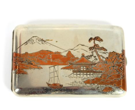 A Japanese cigarette case, decorated with river scene, marked Sterling