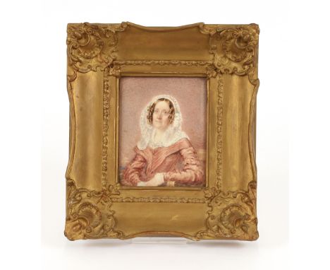 Victorian school, a portrait study of Mrs Whitchurch, circa 1845, unsigned watercolour, 14cm x 11cm, contained in a gilt fram