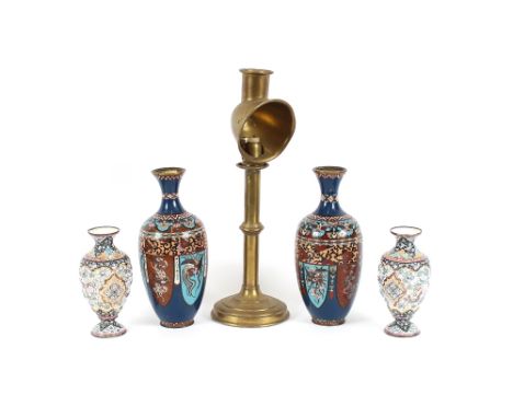 An Antique brass student's ejector candlestick, 40cm high; and two pairs of cloisonne and enamel vases