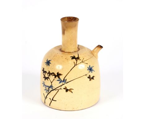 An unusual oriental pottery flask, decorated with blossom and calligraphy, having side spout and elongated neck, impressed se