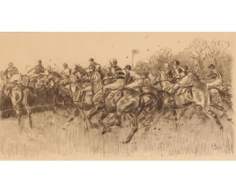 Peter Biegel, (1913-1988),&nbsp;steeple chasing scene with inscription, initialled pencil sketch, image 20cm x 37cm; and anot