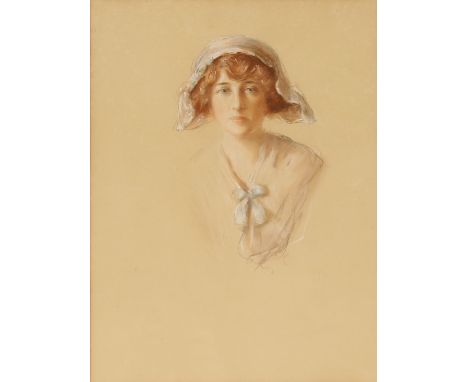 19th Century school, portrait study of a young girl wearing a linen cap and matching bow to her dress, unsigned crayon and pa