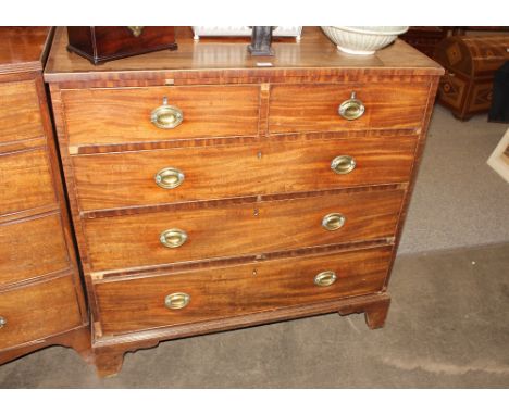 A George III mahogany cross-banded and boxwood strung chest, of two short and three long graduated drawers, raised on bracket