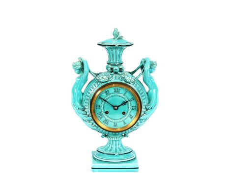 A Wedgwood Majolica Mermaid mantel clock, 36cm high