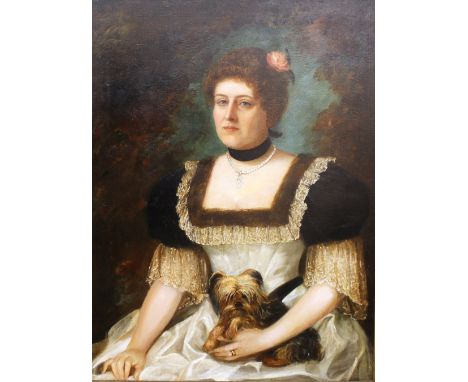 19th Century school, portrait study of an elegant seated lady and terrier, unsigned oil on canvas, 101cm x 75cm